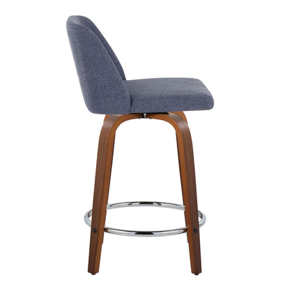 Toriano - Mid-Century Modern Fixed Height Counter Stool With Swivel With Round Footrest (Set of 2) - Walnut / Blue