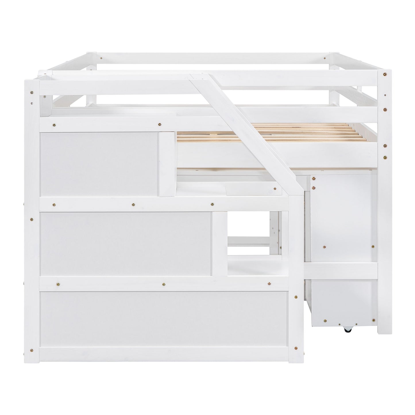 Full Size Loft Bed With Retractable Writing Desk And 3 Drawers With Storage Stairs And Shelves - White