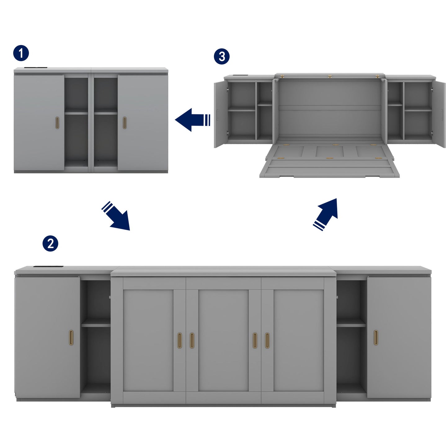 Full Size Murphy Bed With Shelves, Cabinets And USB Ports - Gray