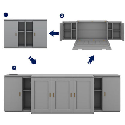Full Size Murphy Bed With Shelves, Cabinets And USB Ports - Gray