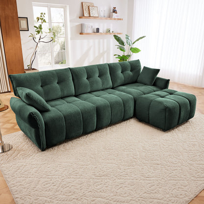 Stylish 3 Seater Sofa Set With Ottoman And Pillows, Textured, High Resilience Cushions - Green