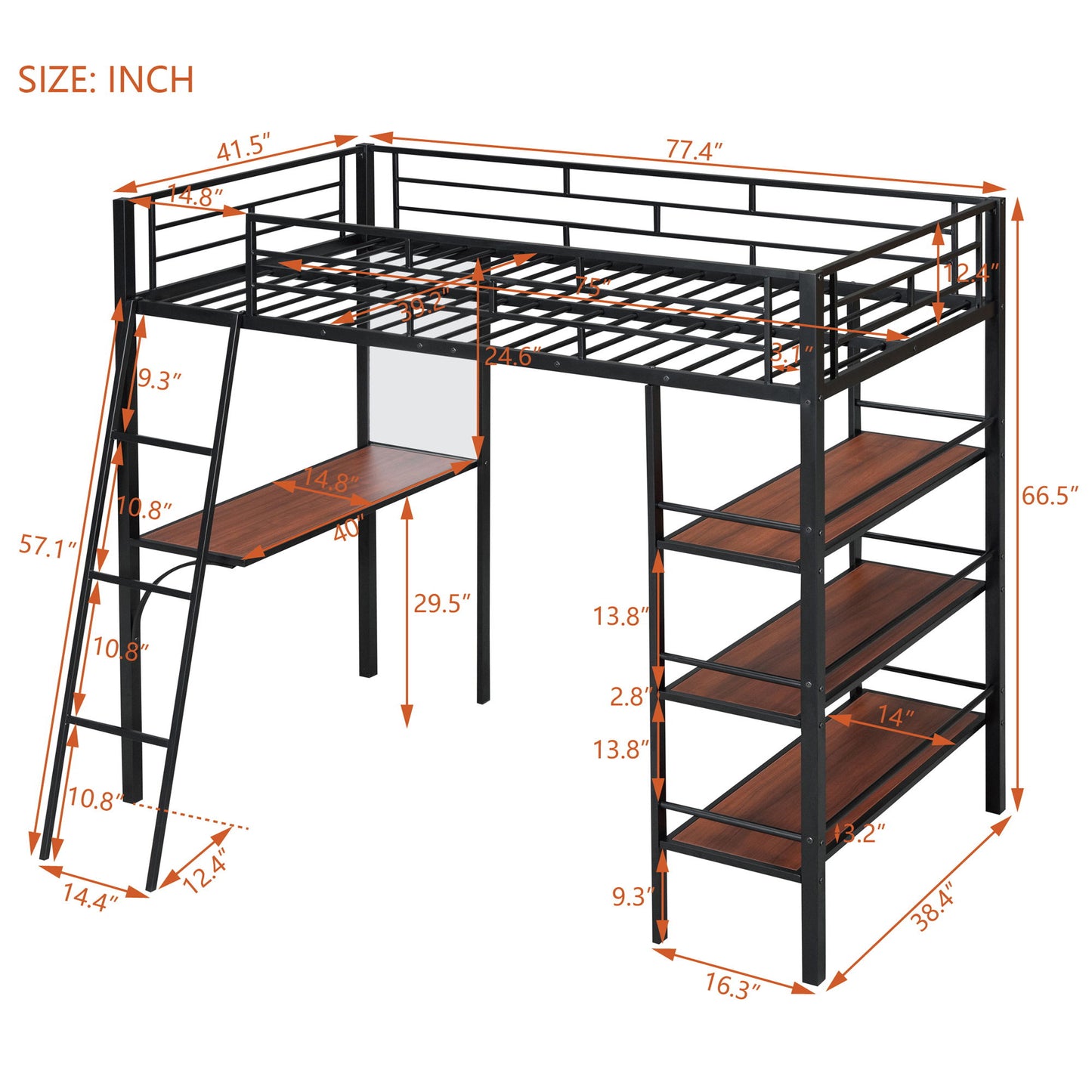 Twin Size Loft Bed With 3 Layers Of Shelves And Desk, Stylish Frame Bed - Black
