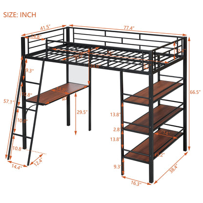 Twin Size Loft Bed With 3 Layers Of Shelves And Desk, Stylish Frame Bed - Black