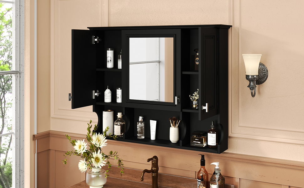 Wall Mounted Bathroom Medicine Cabinet, Modern Bathroom Wall Cabinet With Mirror, Mirror Cabinet With Open Shelves - Black
