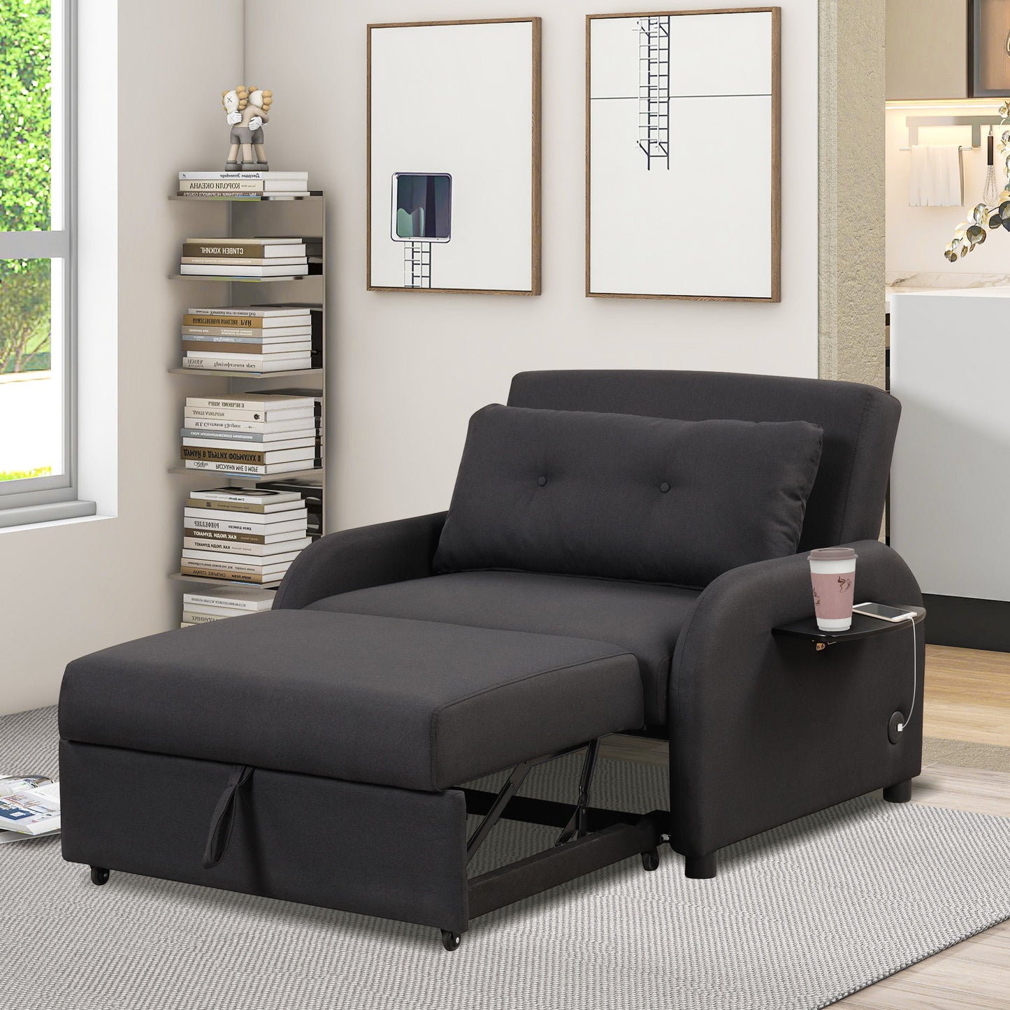 3 In 1 Pull Out Sofa Sleeper With Wing Table And USB Charge - Black