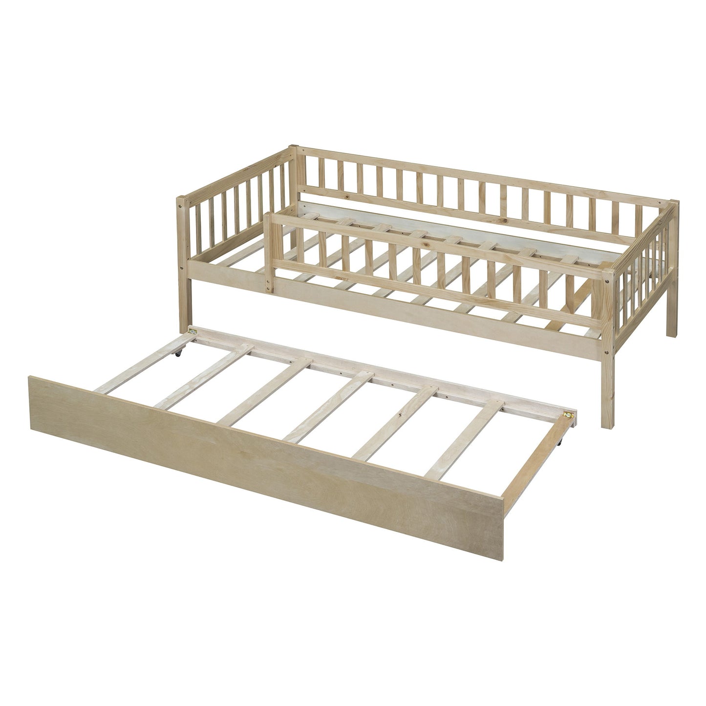 Twin Size Daybed With Trundle And Fence Guardrails - Natural