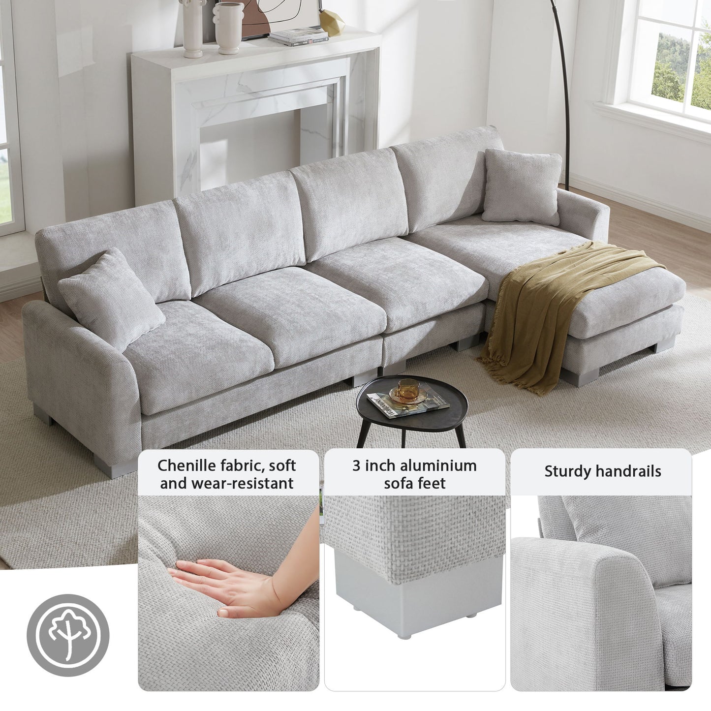 Modern Oversized Sectional Sofa, L-Shaped Luxury Couch Set With 2 Free Pillows, 5 Seat Chenille Indoor Furniture With Chaise - Light Gray