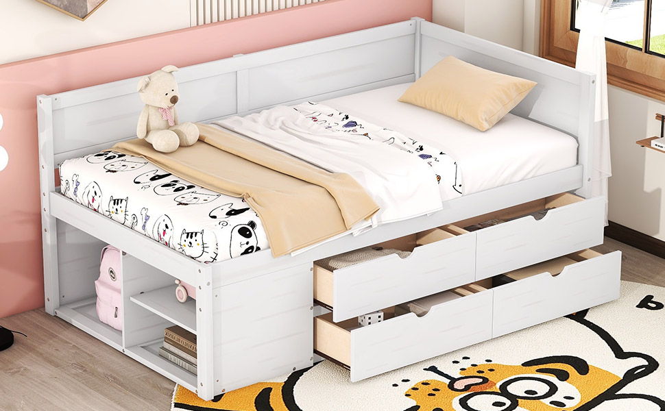 Twin Size Daybed With Drawers And Shelves - White