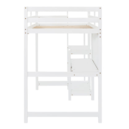 Twin Size Loft Bed With Shelves, Desk And Writing Board - White