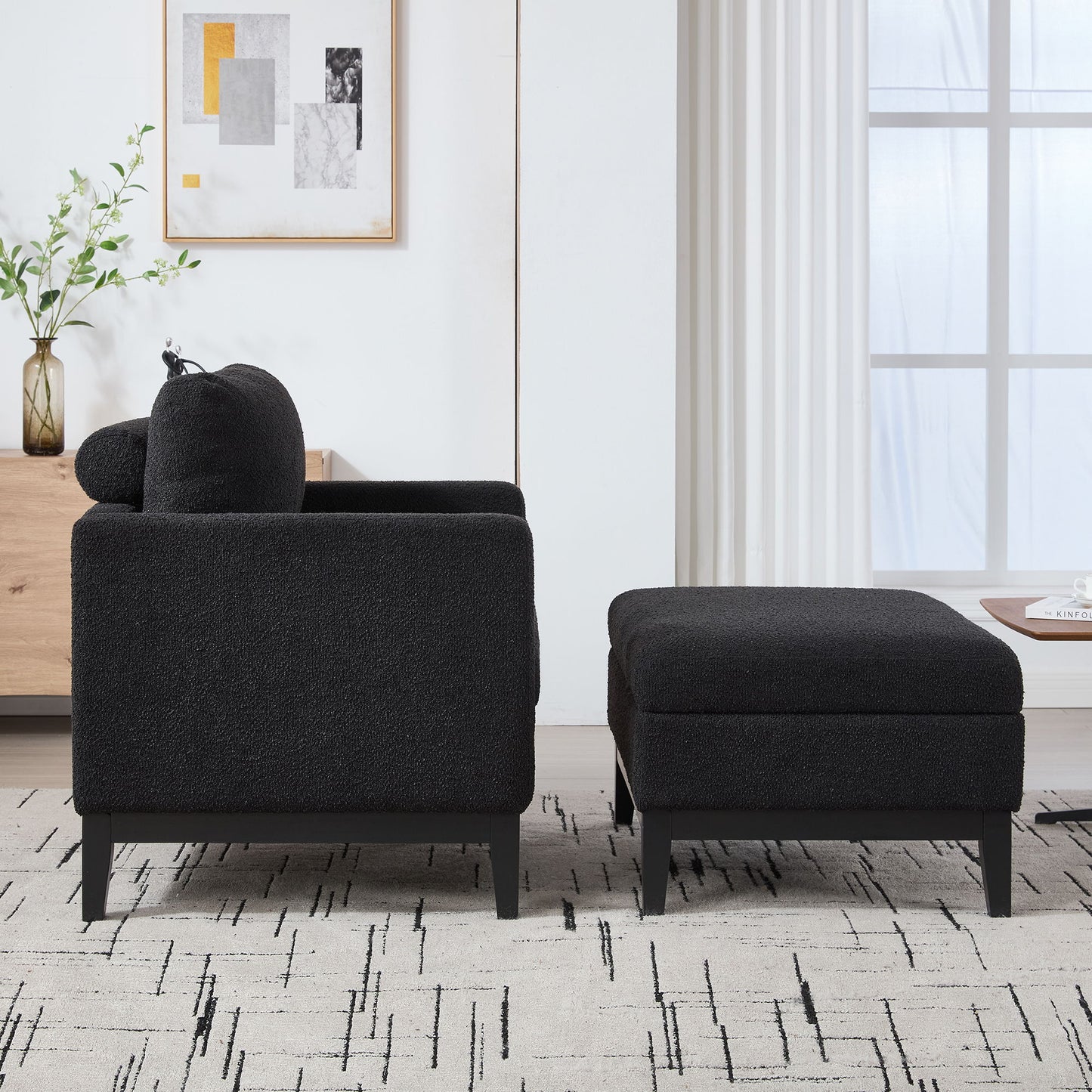 Farmhouse Upholstered Accent Chair With Ottoman Wood Base, Reversible Lid Coffee Table For Living Room Or Office - Black