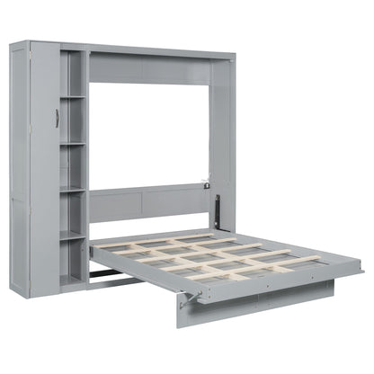 Full Size Murphy Wall Bed With Shelves, Wardrobe And LED Lights - Gray
