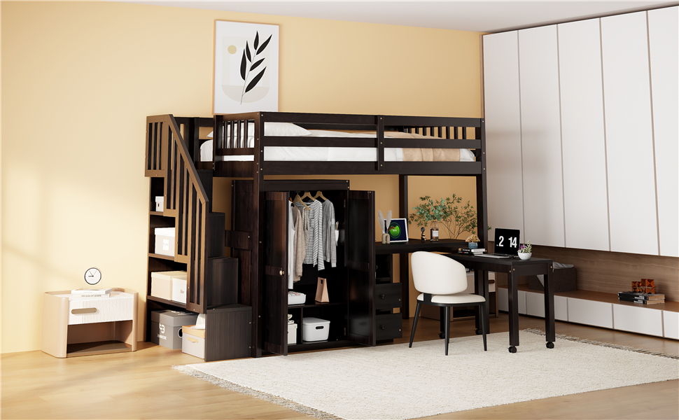 Twin Size Loft Bed With Stairs, Bookshelf, Drawers, Desk & Wardrobe, Space Saving Multifunctional Furniture - Espresso