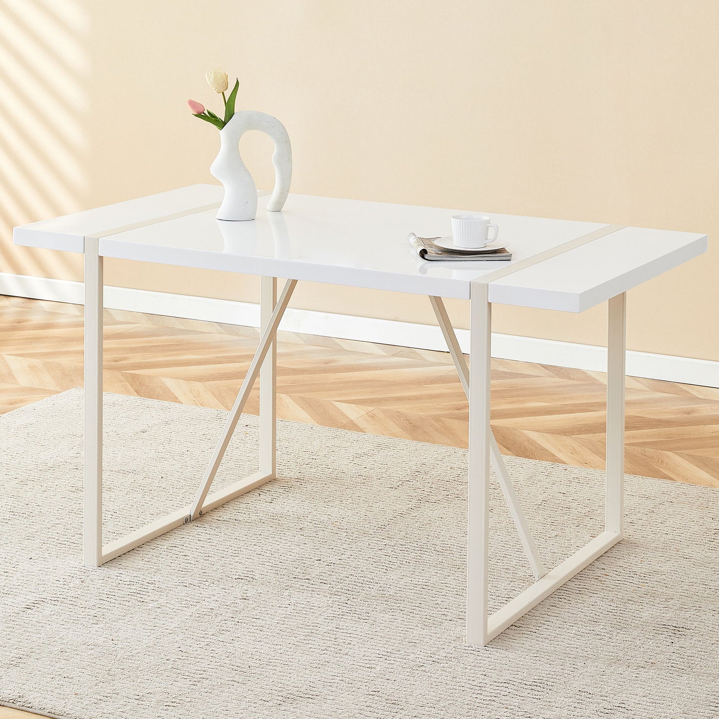Industrial Rectangular Style Dining Table For 4 - 6 People With Thick Top And Metal Legs Frame - White