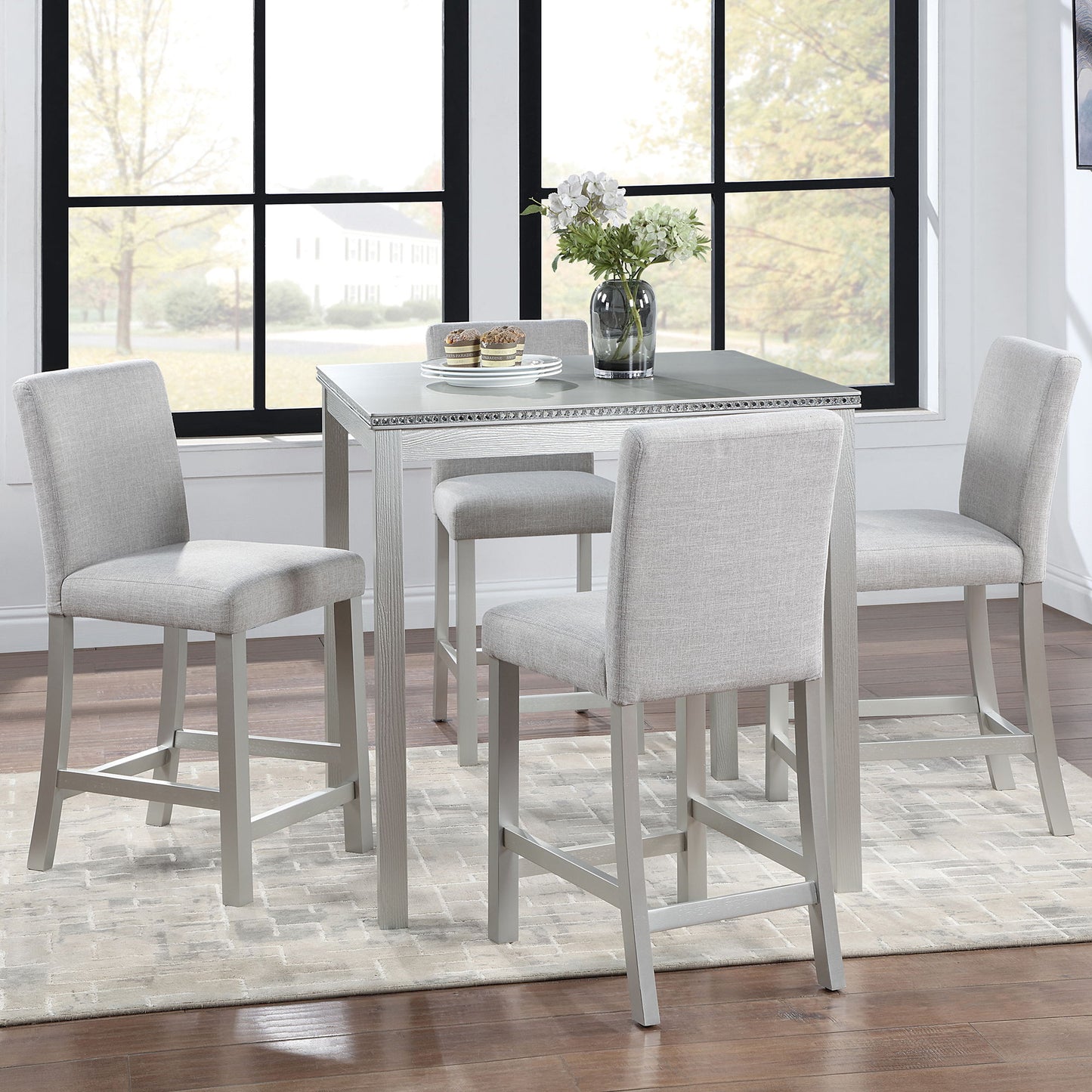 5 Piece Counter Height Table Set, Wooden Kitchen Table Set With Square Table And 4 Upholstered Chairs, Counter Height Dining Table With Crystal Decoration And Chair Set - Silver Gray