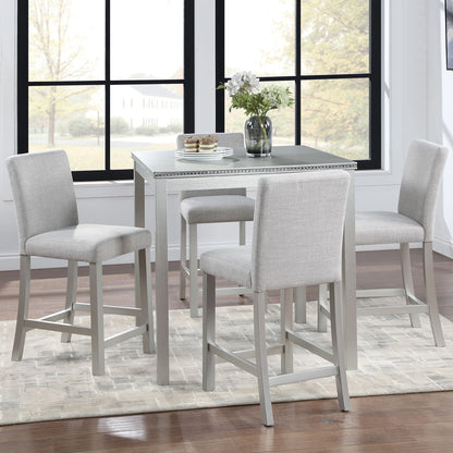 5 Piece Counter Height Table Set, Wooden Kitchen Table Set With Square Table And 4 Upholstered Chairs, Counter Height Dining Table With Crystal Decoration And Chair Set - Silver Gray