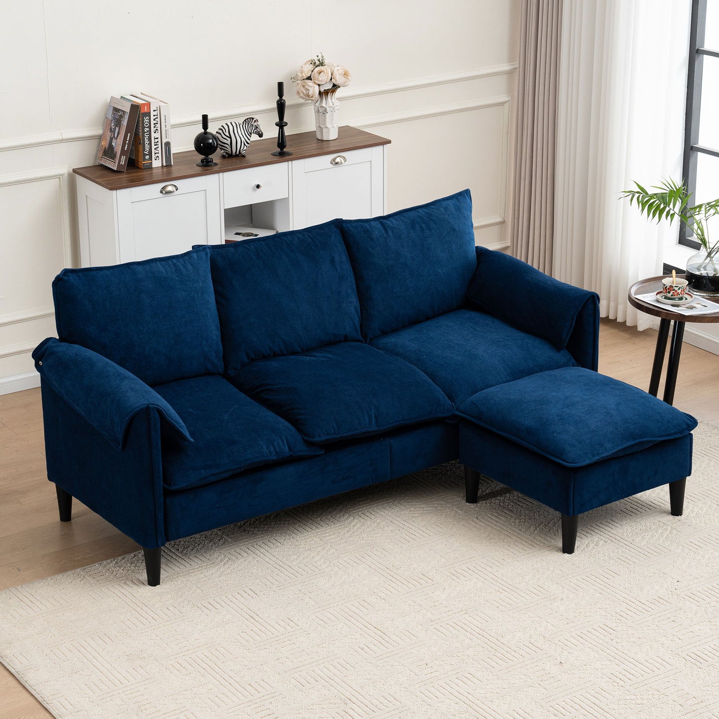 Convertible Combination Sofa, Sofa L Shaped, Sofa With Footstools With Storage Sofa For Living Room, Living Room 3 Seater Combination Sofa - Blue