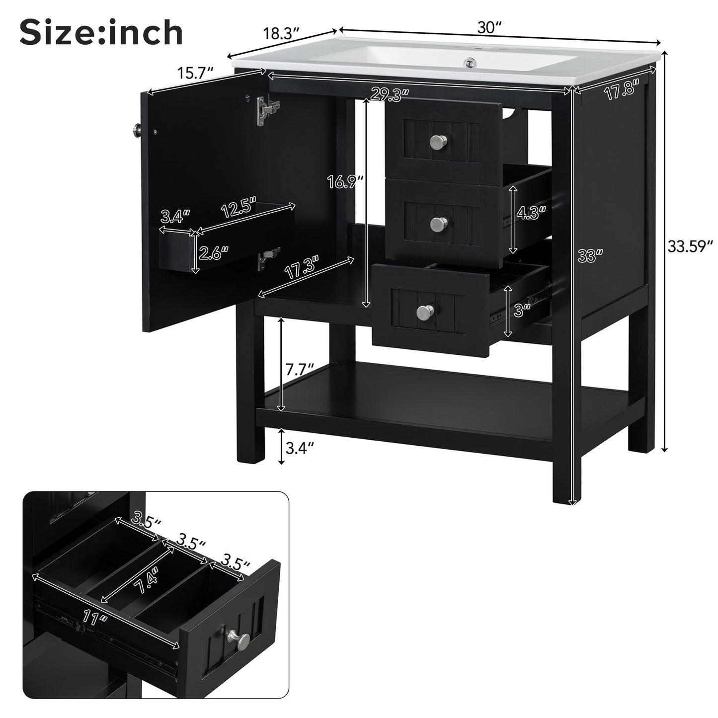 Transitional Style Bathroom Vanity Cabinet Combo With Ceramic Sink, Soft Close Door - Black