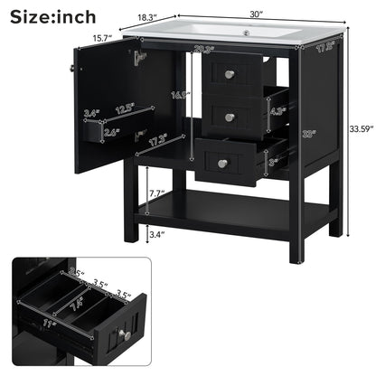 Transitional Style Bathroom Vanity Cabinet Combo With Ceramic Sink, Soft Close Door - Black