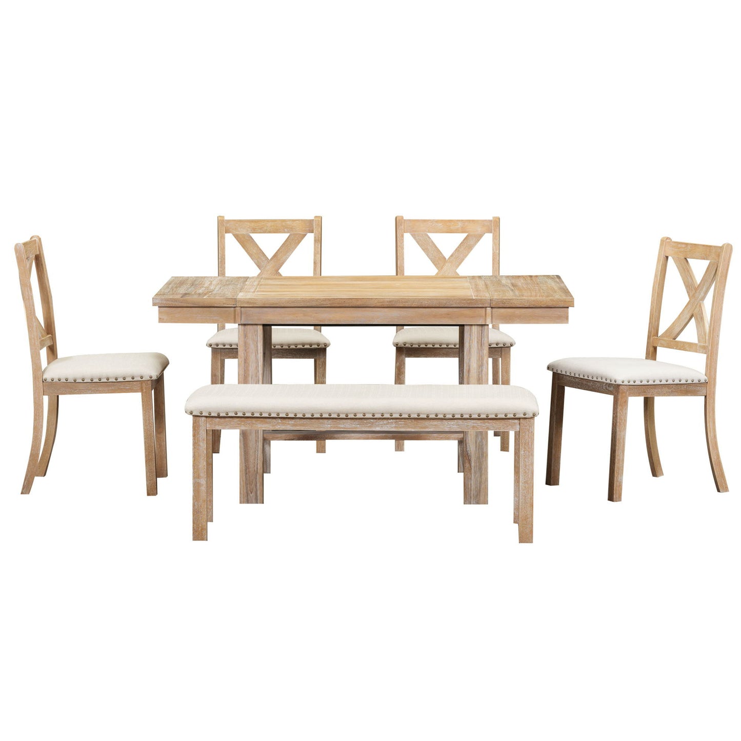 Topmax - 6 Piece Farmhouse Extendable Dining Table With Footrest, 4 Upholstered Dining Chairs And Dining Bench, Two 11" Removable Leaf - Natural / Beige