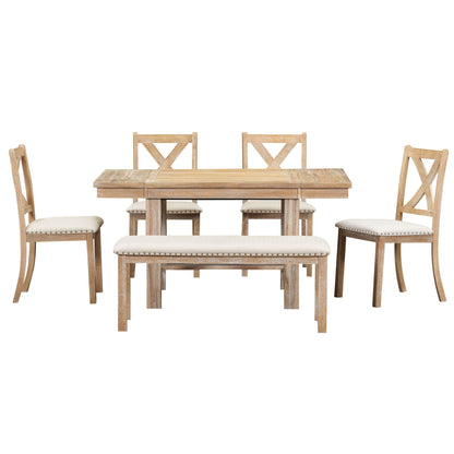 Topmax - 6 Piece Farmhouse Extendable Dining Table With Footrest, 4 Upholstered Dining Chairs And Dining Bench, Two 11" Removable Leaf - Natural / Beige
