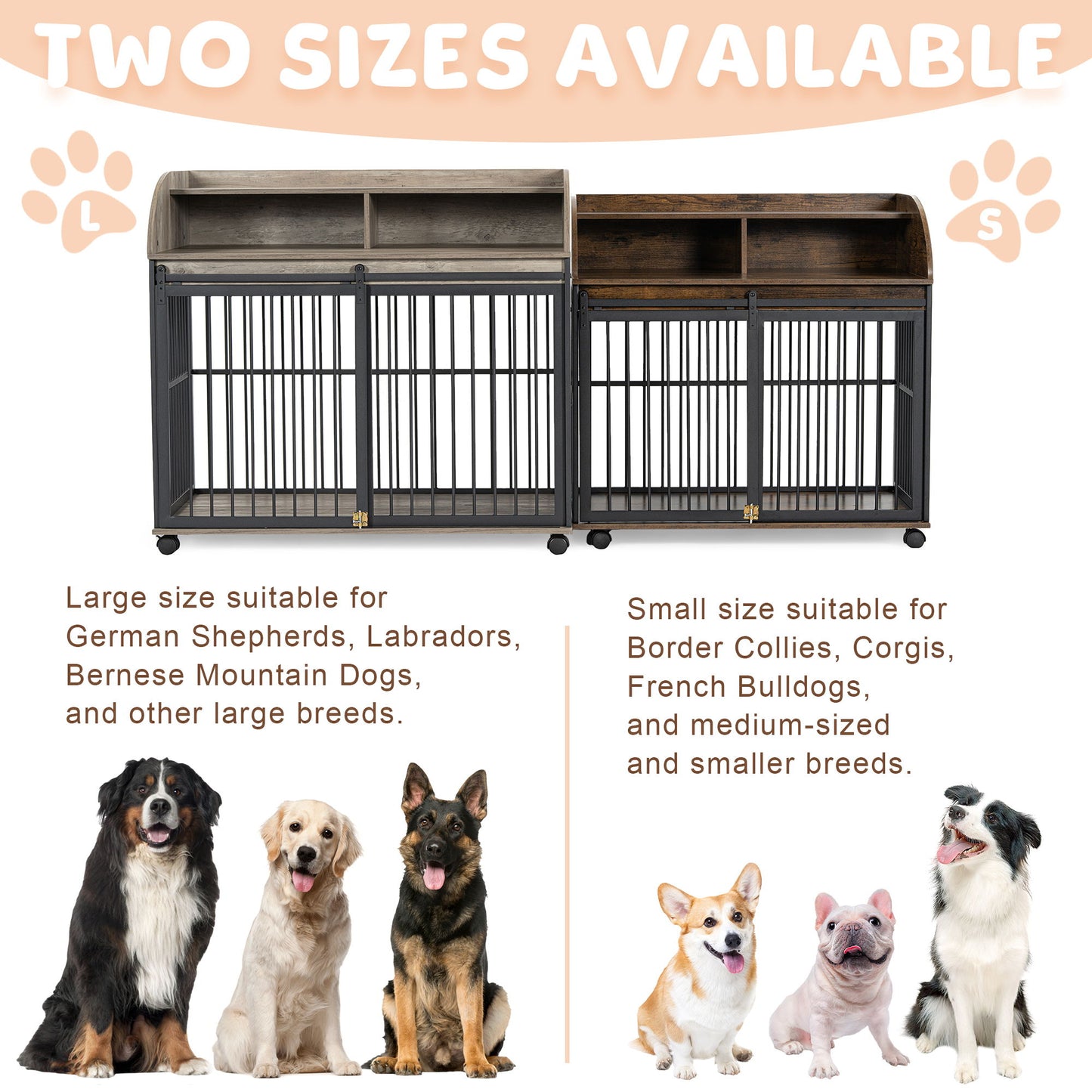 44'' Heavy Duty Large Dog Crate Furniture For Large Medium Dog With Lockable Wheels, Wooden Dog Crate Dog Kennel, End Table Crate With Double Layer Storage - Gray
