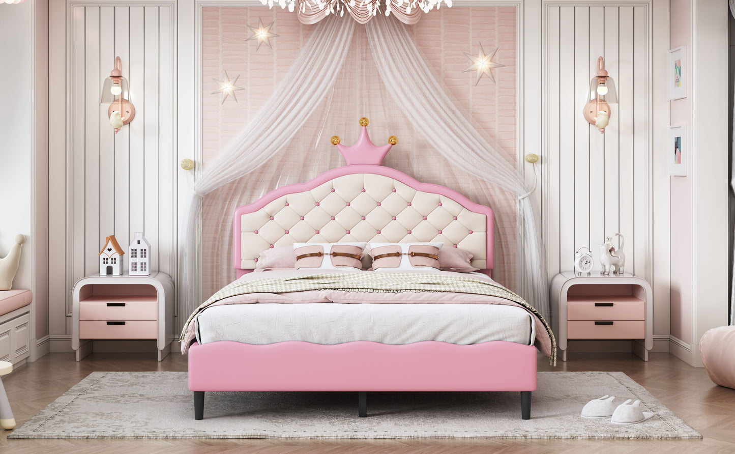 Full Size Lovely Crown Fantasy Leather Princess Bed With Tufted Headboard - Pink / Cream