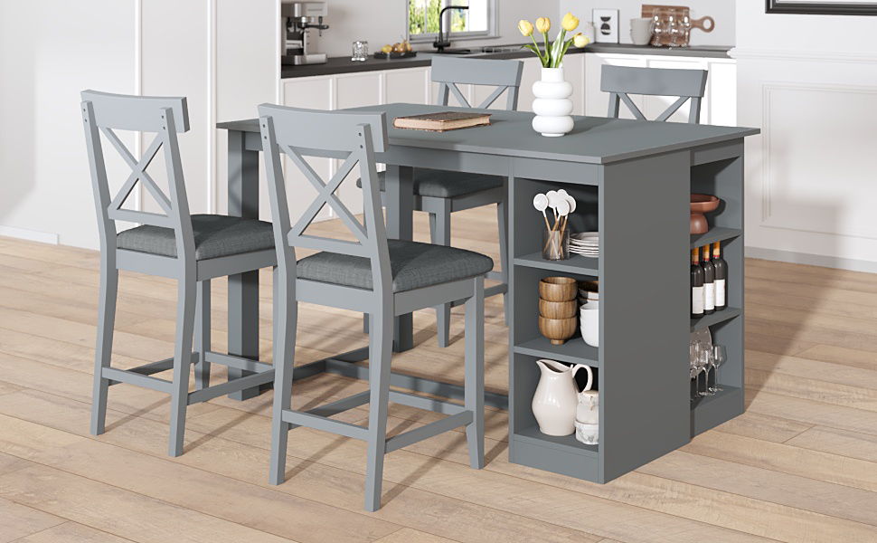 Solid Wood Farmhouse Counter Height Dining Table Set With 3 Tier Storage Shelves, Upholstered Dining Chairs For 4, 5 Piece - Gray