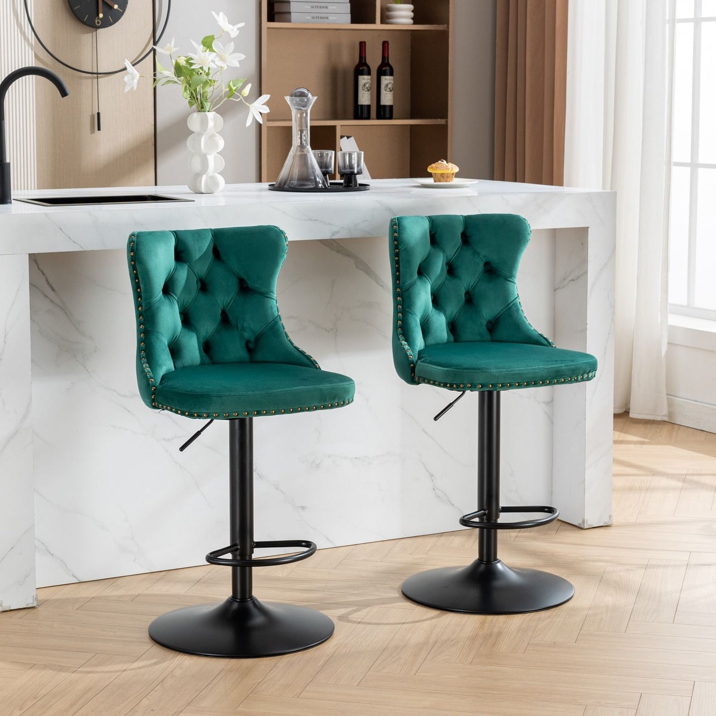 Swivel Velvet Barstools Adjusatble Seat Height, Modern Upholstered Bar Stools With Backs Comfortable Tufted For Home Pub And Kitchen Island (Set of 2) - Green