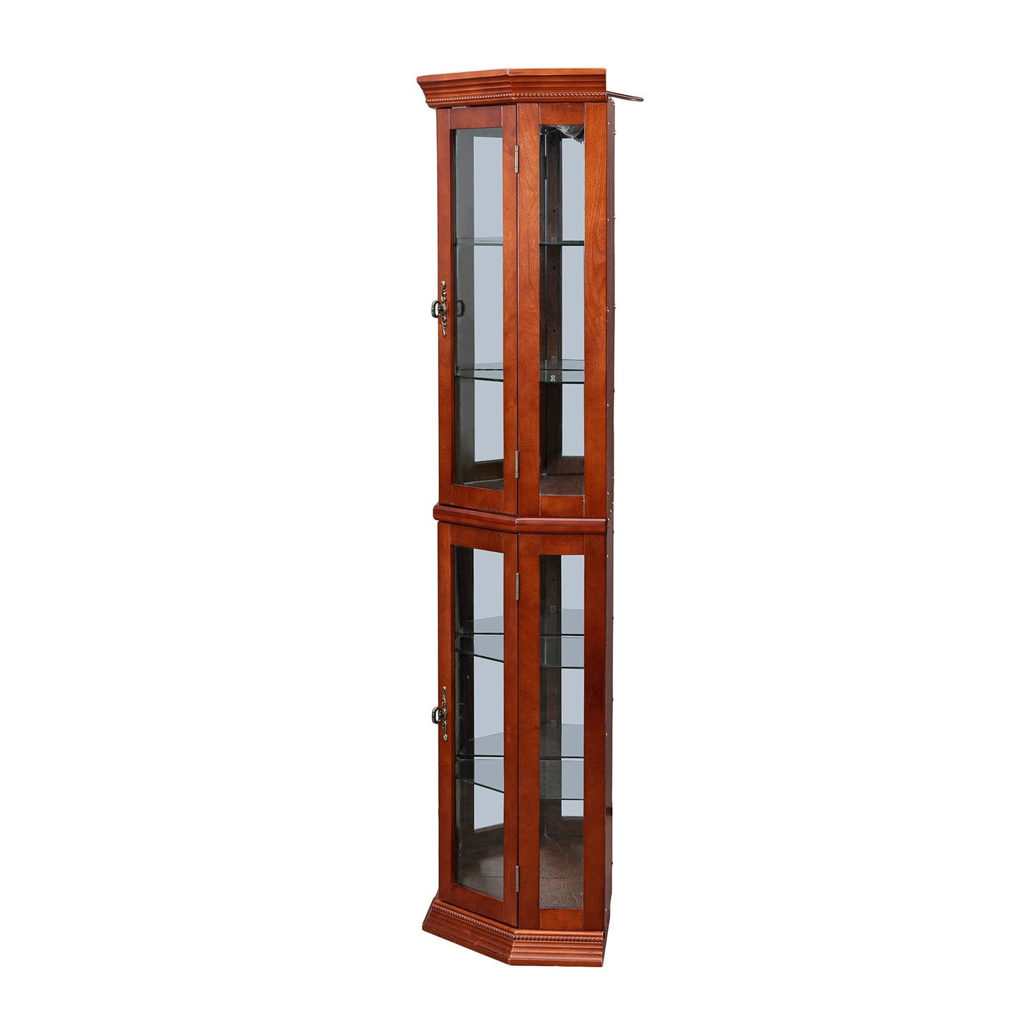 Corner Curio Cabinet With Lights, Adjustable Tempered Glass Shelves, Mirrored Back, Display Cabinet (E26 Light Bulb Not Included) - Light Walnut