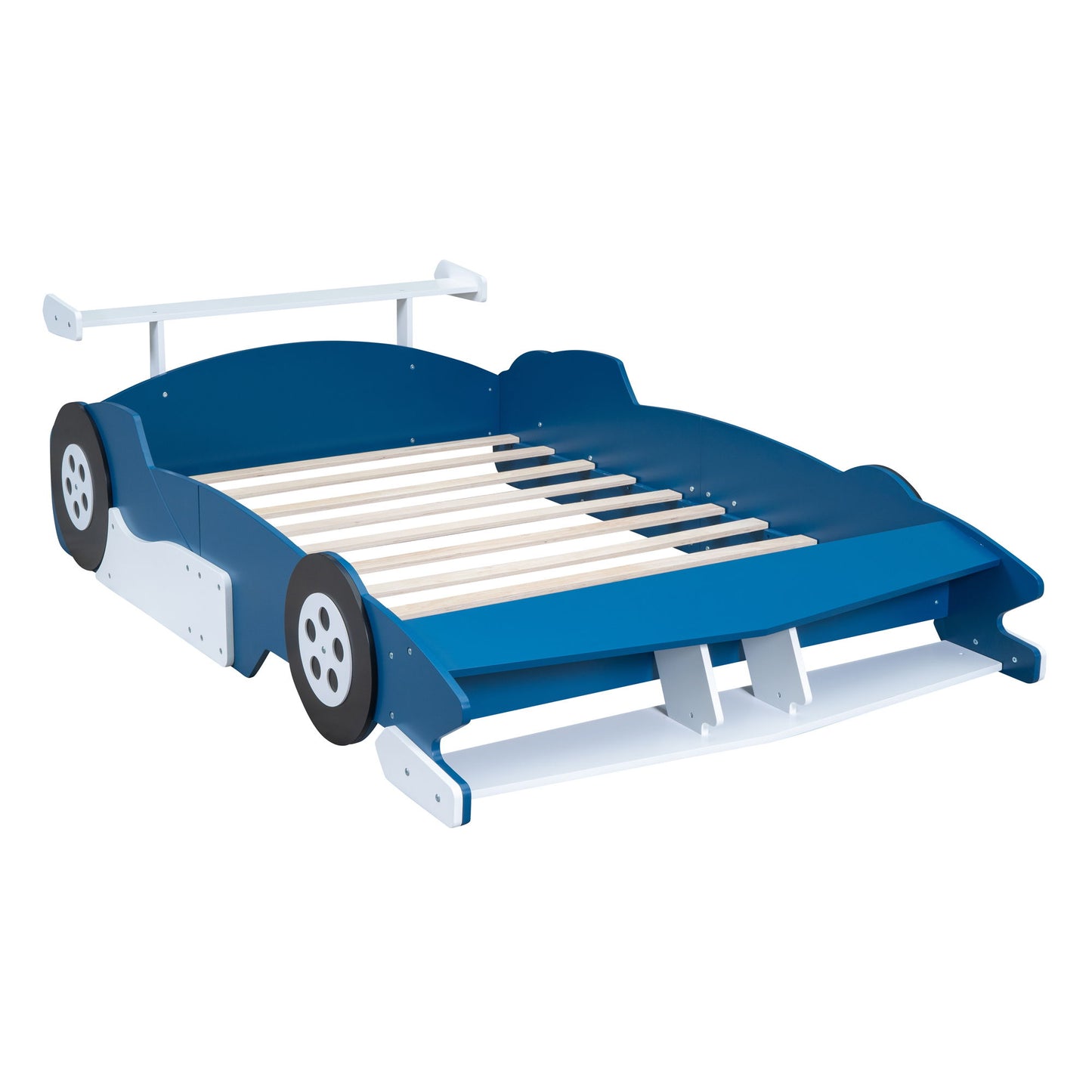 Full Size Race Car Shaped Platform Bed With Wheels - Blue