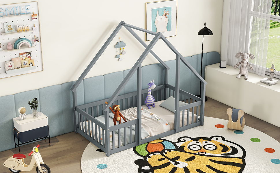 Twin Wood House-Shaped Floor Bed With Fence, Guardrails - Gray