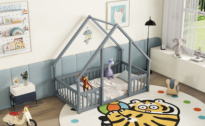 Twin Wood House-Shaped Floor Bed With Fence, Guardrails - Gray
