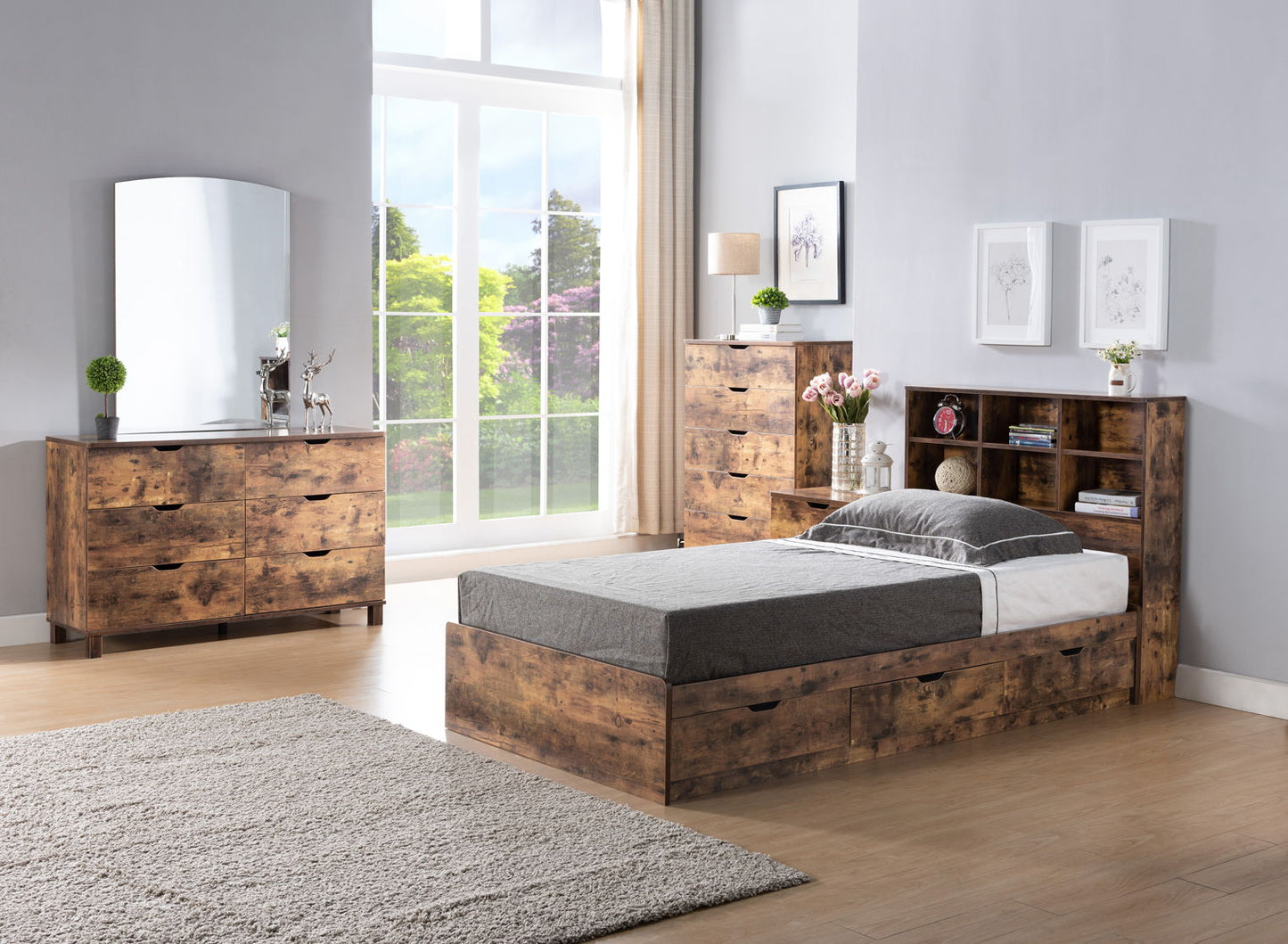 Twin Bookcase Headboard 6 Shelves Top With Rounded Front Corners Adjustable Shelves Distressed - Reclaimed Barnwood