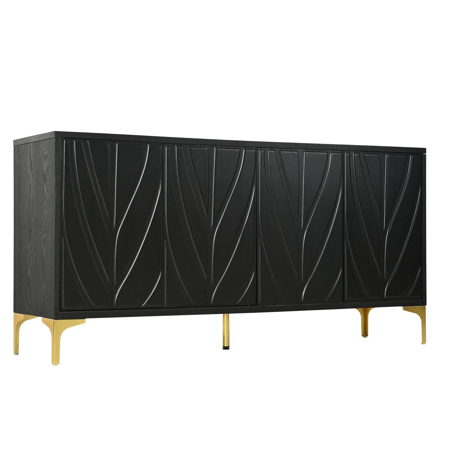 Modern Sideboard Buffet Cabinet With Handleless Press To Open Design, Carved Credenza Storage Cabinet With 4 Doors Construction - Black