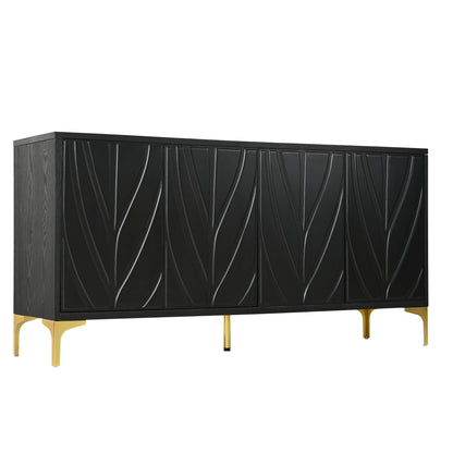 Modern Sideboard Buffet Cabinet With Handleless Press To Open Design, Carved Credenza Storage Cabinet With 4 Doors Construction - Black