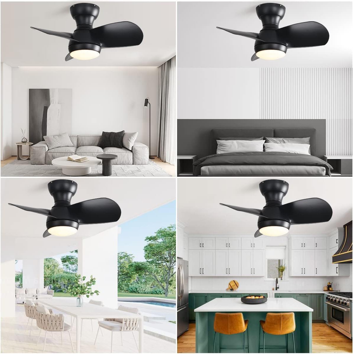 23" Bedroom Ceiling Fan With 3 Color Dimmable 3 ABS Blades Remote Control Dc Motor Black With 18W Led Light - Black