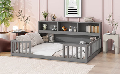 Full Floor Bed With Side Bookcase, Shelves, Guardrails - Gray
