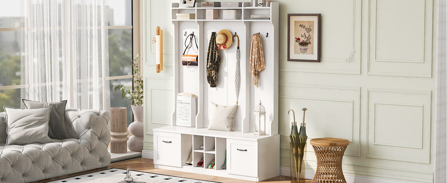 5 In 1 Entryway Bench With Coat Rack, 7 Sturdy Hooks, 2 Spacious Drawers And Adjustable Shelves, Wide Hall Tree With Metal Handles For Hallway - White