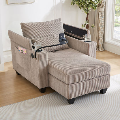 Convertible Chaise Lounge Sofa Chair With USB Ports, Cup Holders, Phone Holder, Storage - Brown