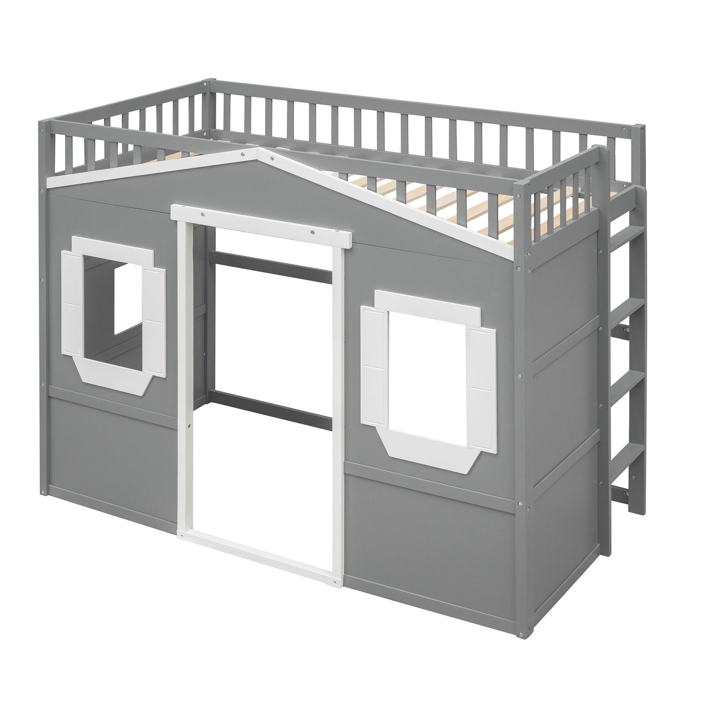 Twin Size House Loft Bed With Ladder - Gray / White