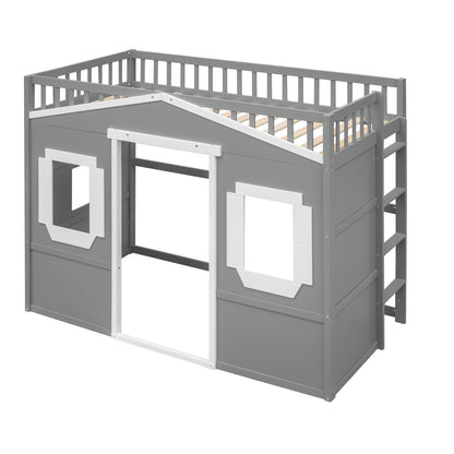 Twin Size House Loft Bed With Ladder - Gray / White