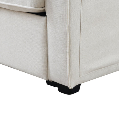 Upholstered Sofa With Console, 2 Cupholders And 2 USB Ports Wired Or Wirelessly Charged, Modern Linen Fabric Couches With 4 Pillows (4 Seat) - Beige