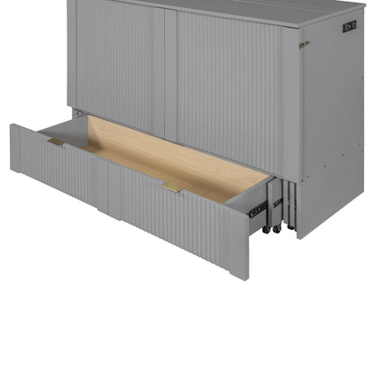Full Size Murphy Bed With Drawer And A Set Of Sockets & USB Ports, Pulley Structure Design - Gray