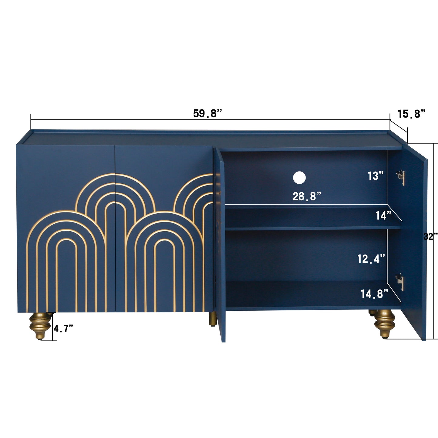 Modern Fluted Sideboard Buffet With Adjustable Shelves, Curve Element With Strict Lines - Navy Blue