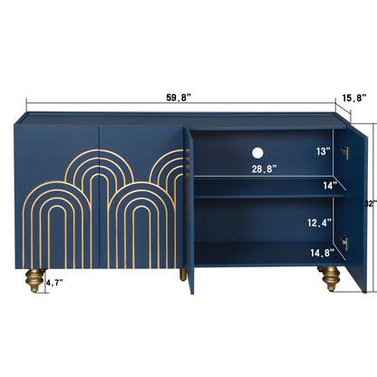 Modern Fluted Sideboard Buffet With Adjustable Shelves, Curve Element With Strict Lines - Navy Blue