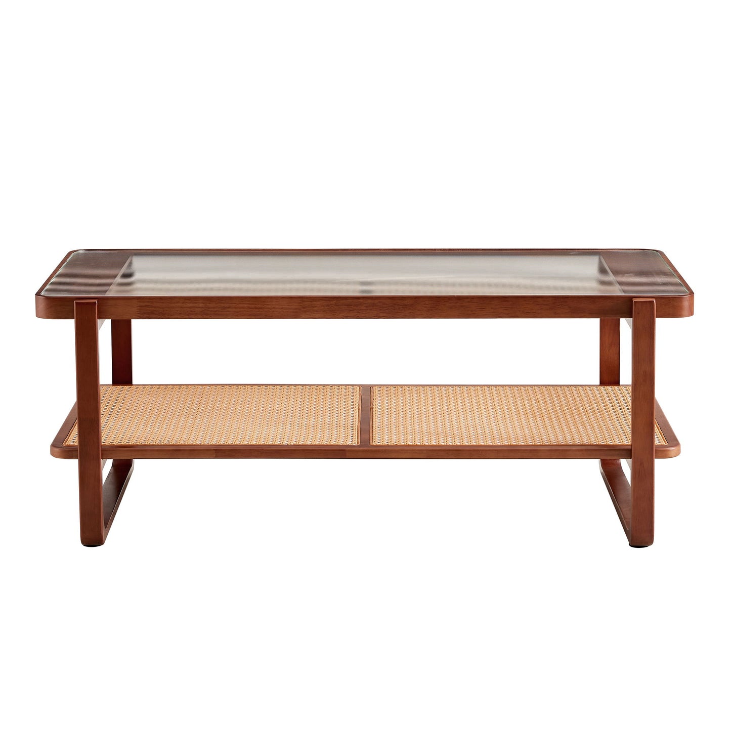 Modern Simple Rectangle Double Layer Solid Wood Glass Desktop Tea Table Rattan Woven Chinese Side Table Small Rectangle Table - Natural Wood