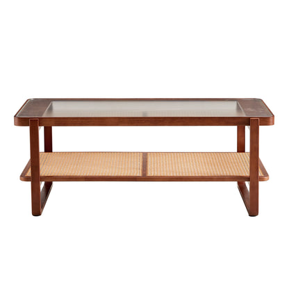 Modern Simple Rectangle Double Layer Solid Wood Glass Desktop Tea Table Rattan Woven Chinese Side Table Small Rectangle Table - Natural Wood