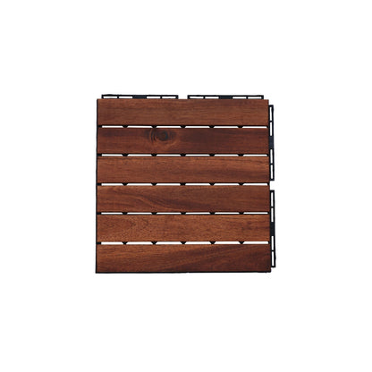 10 Piece Interlocking Deck Tiles Striped Pattern, Square Acacia Hardwood Outdoor Flooring For Patio, Bancony, Pool Side - Brown
