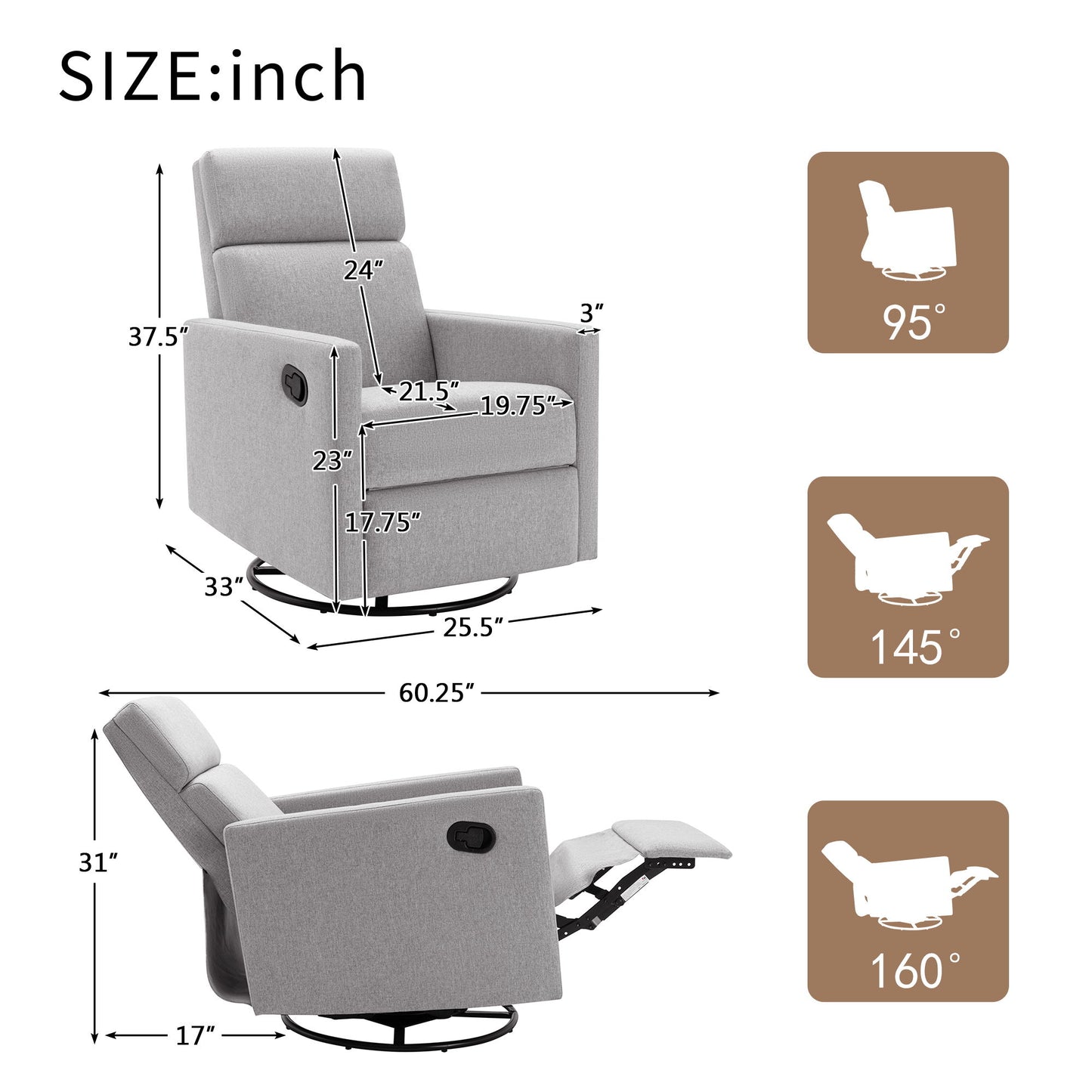 Modern Upholstered Rocker Nursery Chair Plush Seating Glider Swivel Recliner Chair - Gray