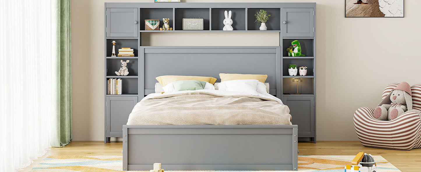 Queen Size Bed With All In One Cabinet, Shelf And Sockets - Gray